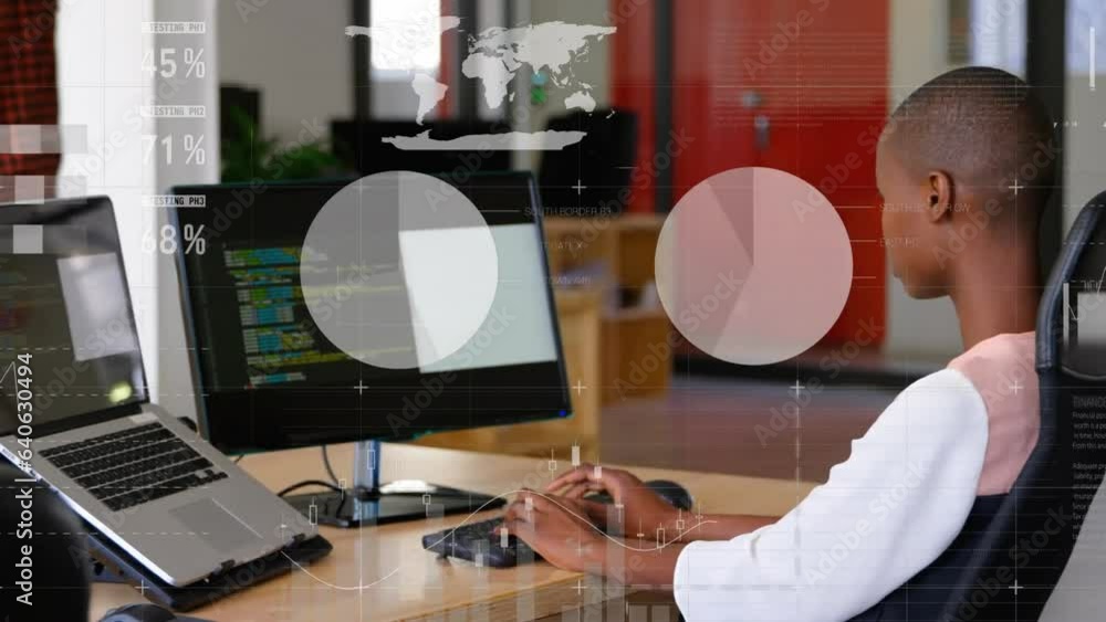 Poster animation of statistical data processing against african american woman using a computer at office