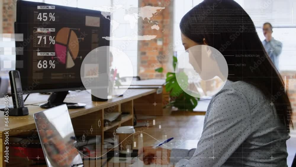 Poster animation of statistical data processing over biracial woman taking notes using computer at office