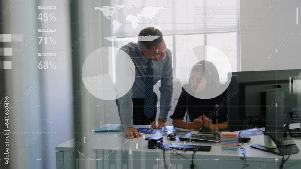 Poster animation of statistical data processing against diverse man and woman discussing at office