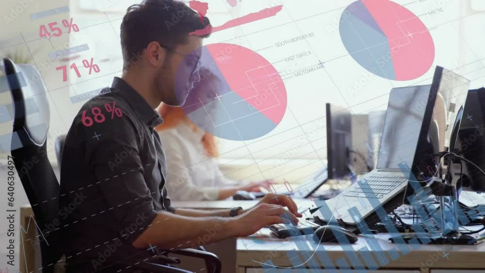 Poster animation of statistical data processing against thoughtful caucasian man using laptop at office