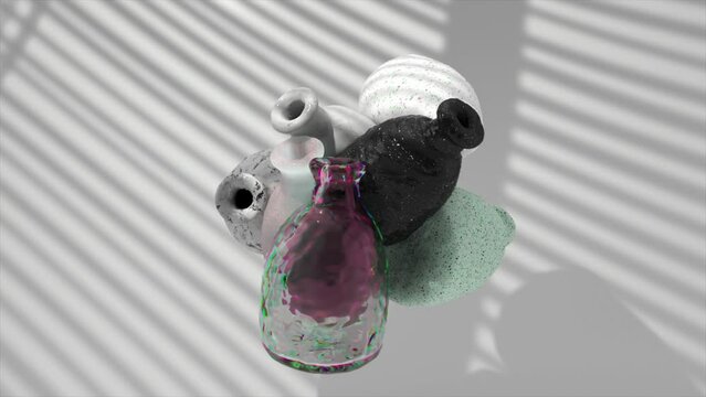 Several ceramic and stellated vases collide in the air on a light background. Simulation of soft bodies. 3d animation