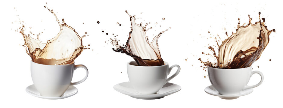 illustrations of a cup of coffee with splashes of coffee. Created with Generative AI