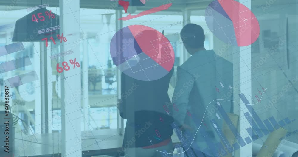 Poster animation of data processing over diverse man and woman discussing over memo notes at office