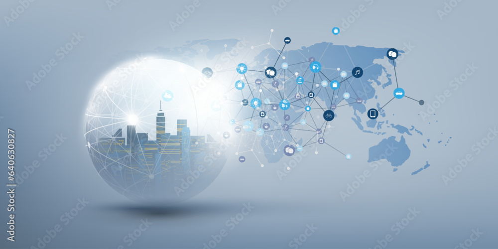 Poster internet of things, cloud computing design concept with transparent globe, city, world map and icons