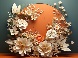 3D Render Floral Wreath, 3D Illustration. 
Floral wreath with flowers and leaves. 3D illustration.Beautiful background with copy space. 
