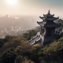 Naklejka premium The old temple view with the ancient Chinese buildings located