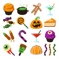 Halloween food set vector isolated. Sweet candies, cupcakes. Sugar desserts for autumn party. Green potion and bloody mary. Pumpkin, eyeball as lollipop and gingerbread cookies.
