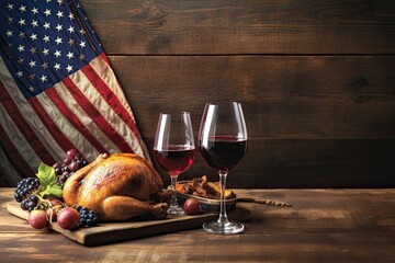 The colorful illustration of Thanksgiving holiday foods and items. USA flag. Studio light. Generative Ai. 