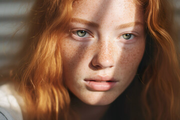 A portrait of an authentic Nordic model with freckles, captured in sunlight, showcasing natural beauty and authenticity.
