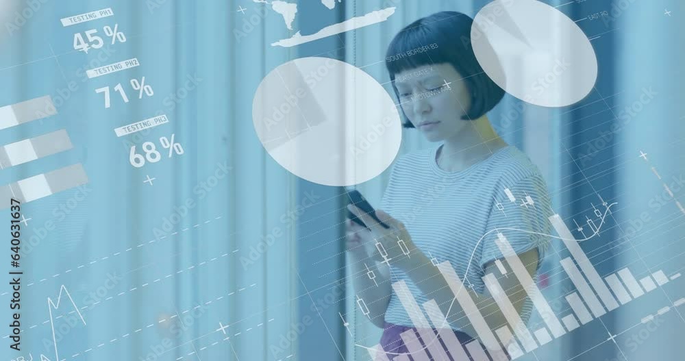 Poster animation of statistical data processing over happy asian woman using smartphone at office