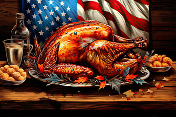 The colorful illustration of Thanksgiving holiday foods and items. USA flag.  Studio light. Generative Ai.
