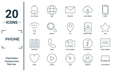 phone linear icon set. includes thin line bell alarm, wi fi, calendar, heart, laptop device, pin, speech bubble icons for report, presentation, diagram, web design