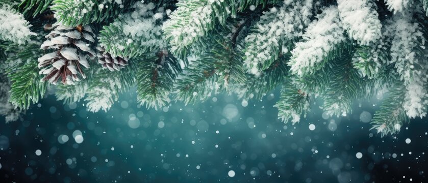 close up snow-covered fir green branches and snowfall flakes, Christmas banner background, Generative AI