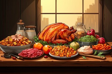 The colorful illustration of Thanksgiving holiday foods and items. Studio light. Generative Ai.
