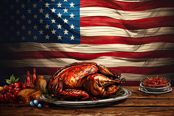 The colorful illustration of Thanksgiving holiday foods and items. USA flag.  Studio light. Generative Ai.
