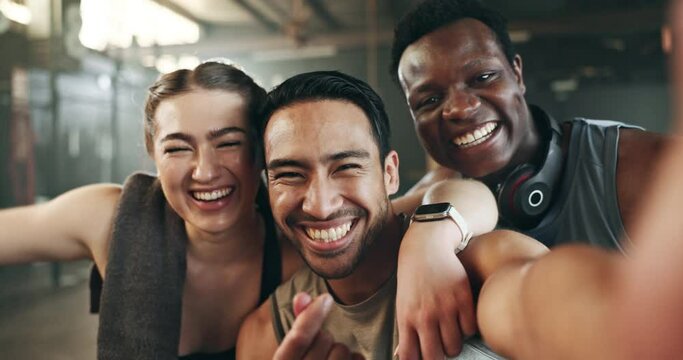 Happy people, friends and selfie in fitness, photography or memory together after workout at gym. Portrait of group smile in happiness for photograph, picture or social media at indoor health club