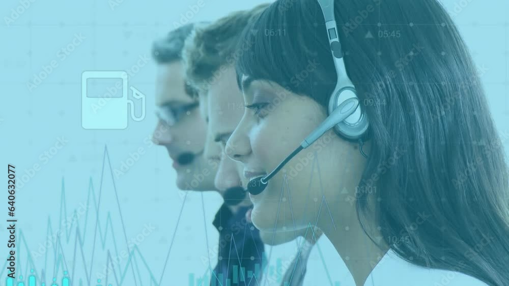 Poster animation of graphs and icons moving over caucasian call centre agents talking over headsets