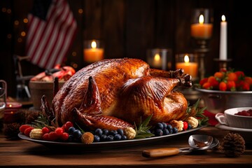 The colorful illustration of Thanksgiving holiday foods and items. USA flag.  Studio light. Generative Ai.
