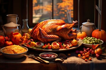 The colorful illustration of Thanksgiving holiday foods and items. Studio light. Generative Ai.
