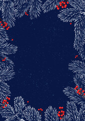 Fototapeta na wymiar Vector vertical frame of Christmas Background with branches of christmas tree and red berries.