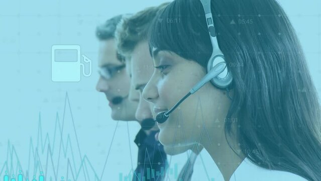 Animation of graphs and icons moving over caucasian call centre agents talking over headsets
