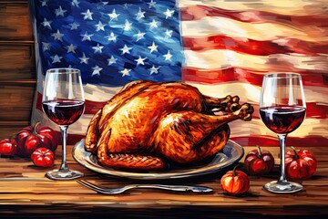 The colorful illustration of Thanksgiving holiday foods and items. USA flag.  Studio light. Generative Ai.
