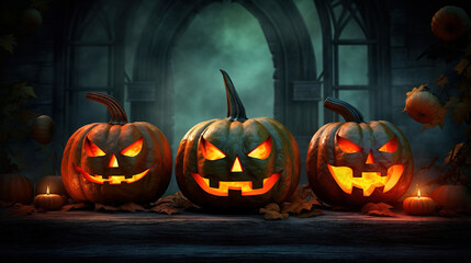 Fototapeta premium halloween pumpkins at night.Generative Ai