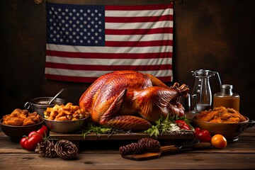 The colorful illustration of Thanksgiving holiday foods and items. USA flag.  Studio light. Generative Ai.
