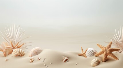 Sea sand beach mockup background with seashells, starfish. Travel holiday background