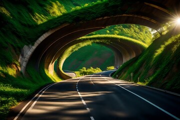 Obraz premium Embark on a mesmerizing journey as you enter this beautiful, super realistic highway tunnel emerging from a breathtaking hill