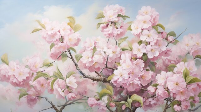  a painting of pink flowers on a tree with a sky background.  generative ai