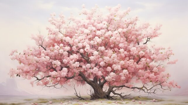  a painting of a pink tree with lots of leaves on it.  generative ai