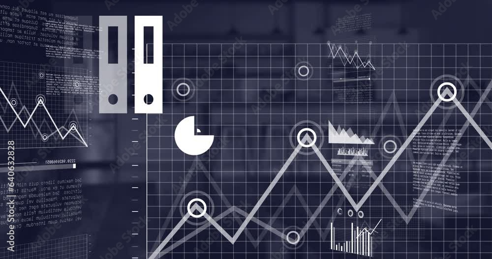 Poster animation of multiple graphs, laptop with cloud icon and computer language over coffee shop