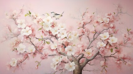 Obraz premium a painting of a tree with pink flowers and a bird. generative ai