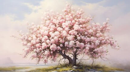 Obraz premium a painting of a tree with pink flowers on it's branches. generative ai