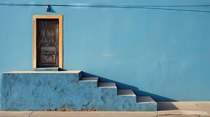  a blue building with steps leading up to a door and a window.  generative ai