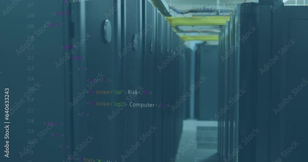 Poster animation of multicolored computer language over data server room in background