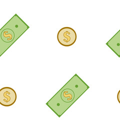 Money seamless pattern. Color background with cash and coins, isolated vector elements. Currency, business, exchange. Illustration for template, banner, poster.