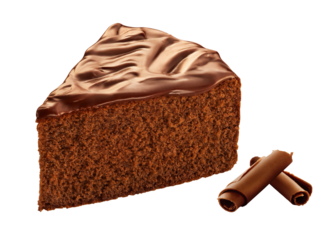 Fatia de bolo de chocolate coberto com calda de chocolate derretido acompanhado de raspa de chocolate isolado em fundo transparente