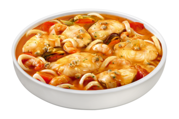 prato com receita brasileira de peixe ensopada com camarão, lula e marisco isolado em fundo transparente - tigela com peixada com frutos do mar