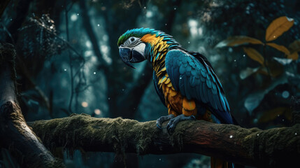 Blue and gold parrot on tree branch in the jungle.Beautiful spiral galaxy.