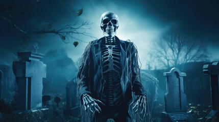 Fototapeta premium Skeleton Portrait in Moonlit Graveyard
