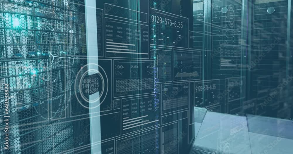 Poster animation of graphs, changing number, loading circles and bars over data server room