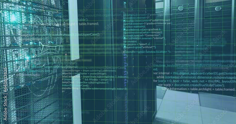 Poster animation of computer language over illuminated data server systems in data server room