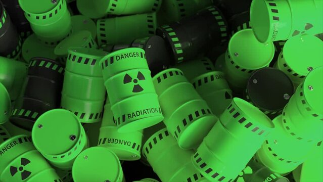 Dump of green and black barrels with nuclear radioactive waste. Danger of radiation contamination of industrial containers. 3D animation