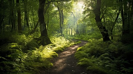 Enchanting forest path with dappled sunlight filtering through the trees. AI generated - obrazy, fototapety, plakaty
