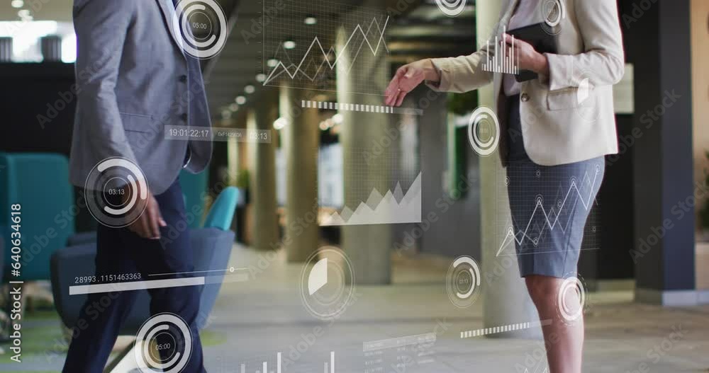 Poster animation of multiple graphs, loading bars and circles, diverse entrepreneurs shaking hands