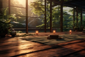 Yoga with mat lying on wood floor in a yoga studio. Generative AI