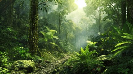 Lush green rainforest with dense foliage and towering trees. AI generated