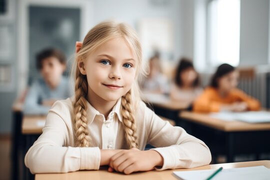 shot of a cute young girl sitting at her desk in class